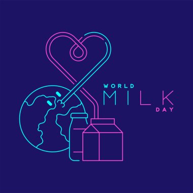 Kalp şeklinde saman sütlü logo dünyası küresi düzenlenebilir mavi ve pembe renkler, Dünya Süt Günü 2022 konsepti, mavi arkaplan üzerinde minimum düz tasarım çizimi,