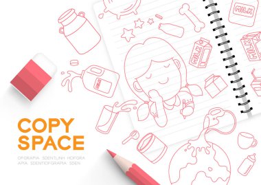 Süt karalama çocuklar Kız Imagine of Future el çizimi düzenlenebilir vuruş, Dünya Süt Günü 2022 konsepti, çizgi film minimal düz tasarım illüstrasyon üst görünüm arka plan fotokopi alanı, vektör alanı