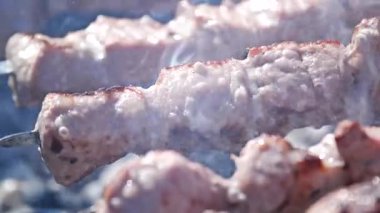 Barbekü şiş ızgarası yapıyor. Piknikte şişte ızgara et. Mangal pişirme. Et ve ateşten duman çıkıyor. Yaz pikniği kavramı. 4K