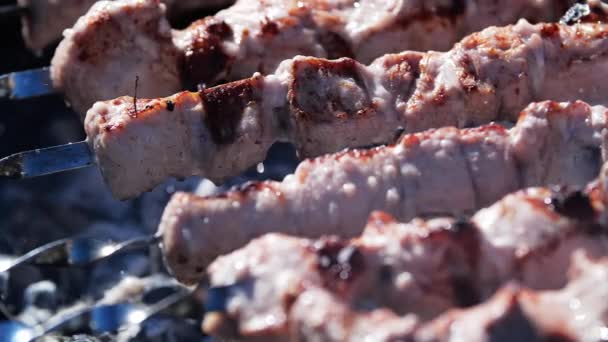 Bbq húsnyársak grilleznek faszénen. Grillezett szaftos sertés shish kebab főzés nyárson faszén grill. — Stock videók