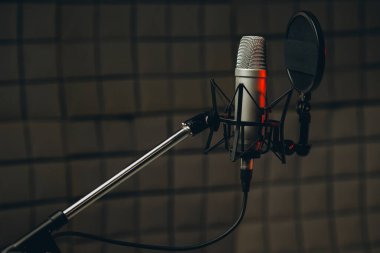 Ses kayıt stüdyosundaki seslendirme ve dublaj için profesyonel bir mikrofon görüntüsü. Kapat, podcast konsepti