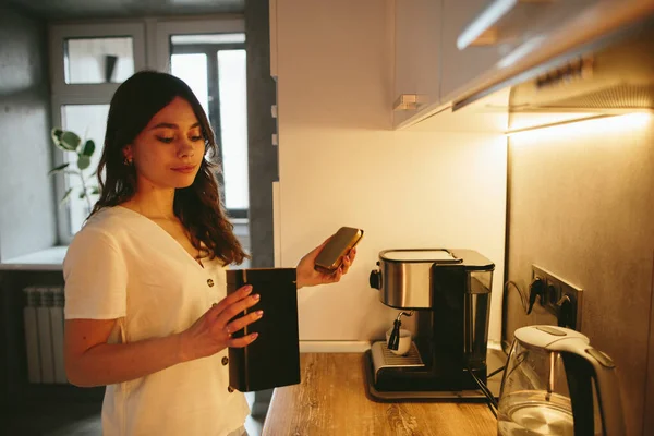 Young Woman Making Morning Coffee Kitchen —  Fotos de Stock