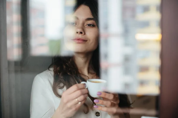 Beautiful Caucasian Woman Drinking Hot Coffee Tea Looking Window Indoor — Stock Photo, Image
