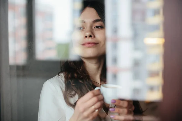 Beautiful Caucasian Woman Drinking Hot Coffee Tea Looking Window Indoor — Stock Photo, Image