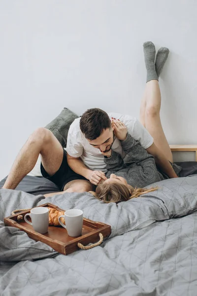 Romantic Happy Couple Having Breakfast Bed — Stock Photo, Image