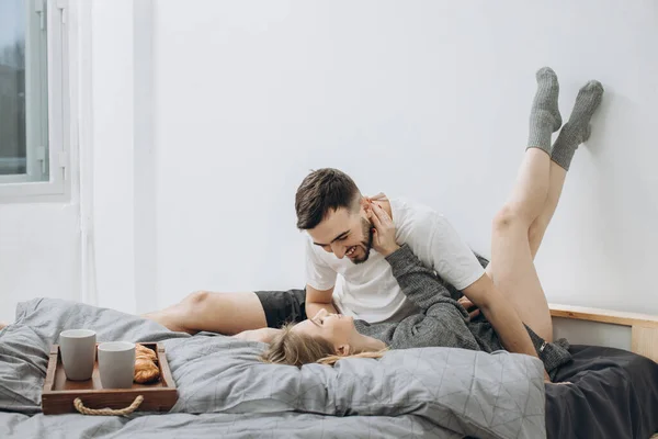 Romantic Happy Couple Having Breakfast Bed — Stock Photo, Image