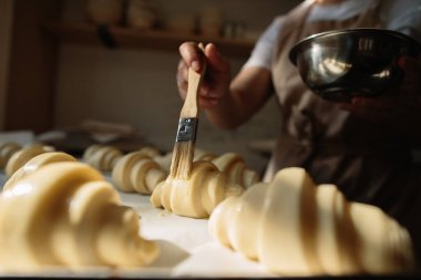 Female baker smears raw croissants with a brush in the yolk, the cooking process.