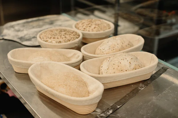 Fresh Raw Dough Wooden Molds Table Baking Homemade Bread — Stock Photo, Image