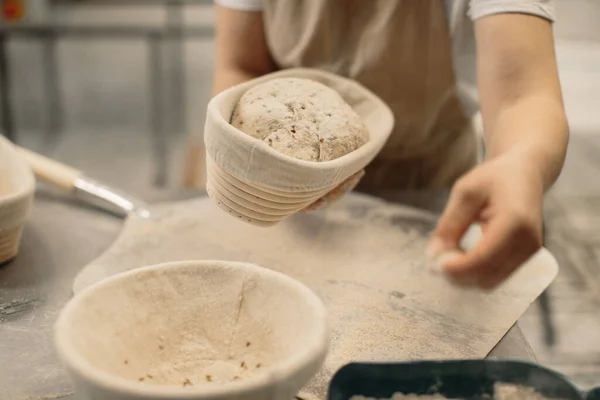 Baker Woman Sprinkles Flour Shaped Loaves Rustic Style Bread Baking — Stock Photo, Image