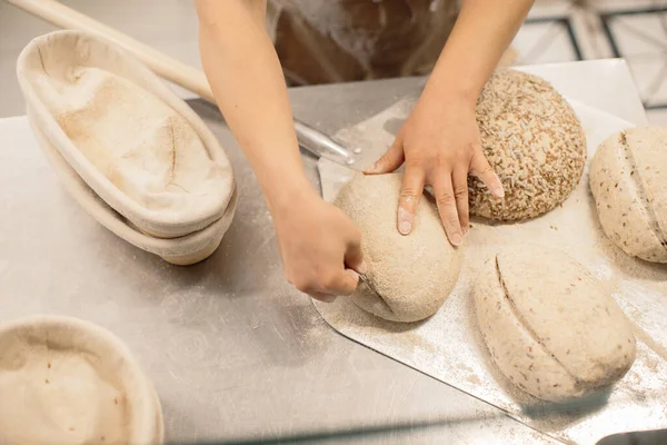 Women Hands Make Incision Dough Baking Brea — Zdjęcie stockowe