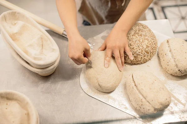 Women Hands Make Incision Dough Baking Brea — Stock Photo, Image