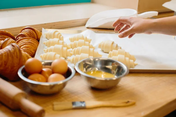Croissant Baking Concept Raw Rolled Freshly Baked Croissants Well Ingredients — Φωτογραφία Αρχείου