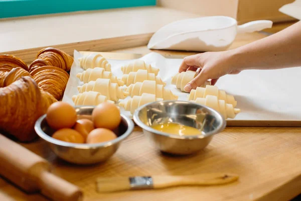 Croissant Baking Concept Raw Rolled Freshly Baked Croissants Well Ingredients — Stock Photo, Image