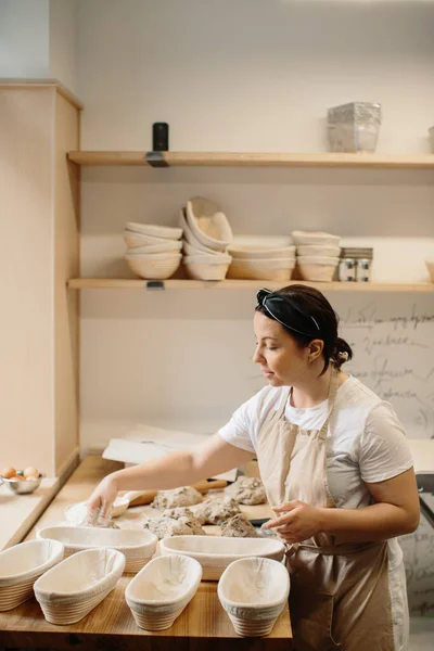 Female Baker Kneading Dough Bakery Sho — 스톡 사진
