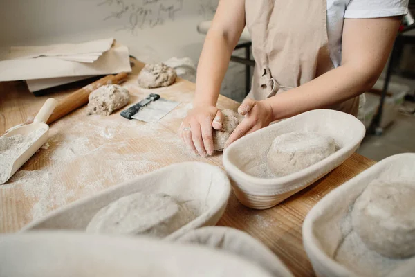 Woman Baker Kneads Dough Puts Wooden Form Bakery Concept — Stock Photo, Image