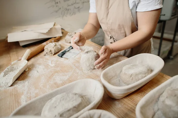 Woman Baker Kneads Dough Puts Wooden Form Bakery Concept — Photo