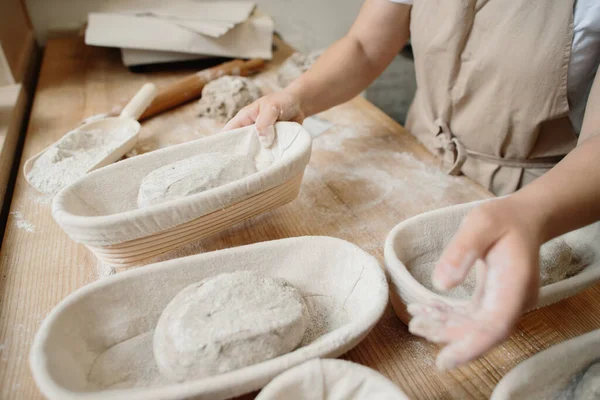 Woman Baker Kneads Dough Puts Wooden Form Bakery Concept — Zdjęcie stockowe