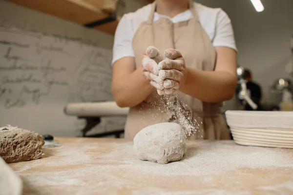 Woman Making Home Made French Bread Dough Sprinkling Flour Dough — Zdjęcie stockowe