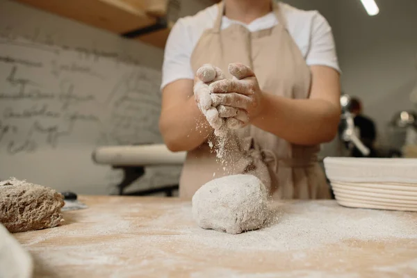Woman Making Home Made French Bread Dough Sprinkling Flour Dough — Zdjęcie stockowe