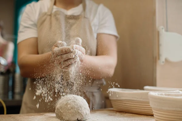 Woman Making Home Made French Bread Dough Sprinkling Flour Dough — Stock Photo, Image