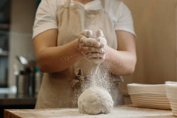 Woman Making Home Made French Bread Dough Sprinkling Flour Dough — Photo