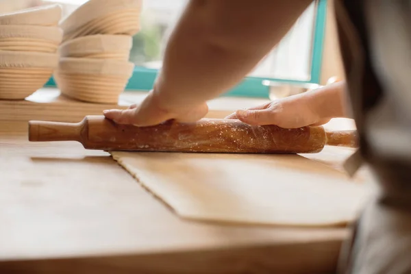 Woman Hands Rolling Out Dough Flour Rolling Pin Bakery — Photo