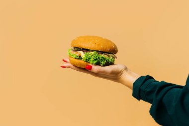 Fast food reklam konsepti. Renkli arka planda burgeri olan bir kız..