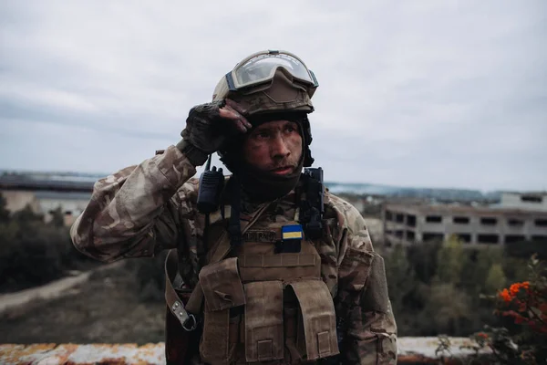 Portrait Ukrainian Soldier His Combat Position War Ukraine Russia — Stock Photo, Image