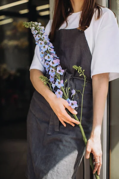 A female gardener transplants flowers into a pot  stock photo.