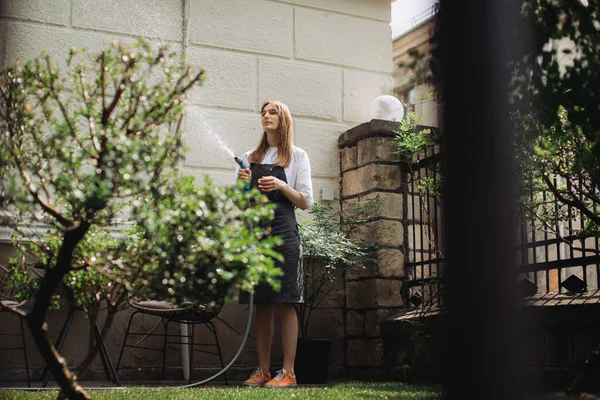 Vrouw Die Verse Kruiden Geeft Die Thuis Groentetuin Groeien Tuinman — Stockfoto