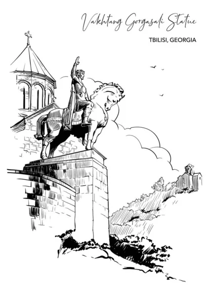 Metekhi Church and King Vakhtang Gorgasal Equisterian Statue BW Sketch — стоковий вектор