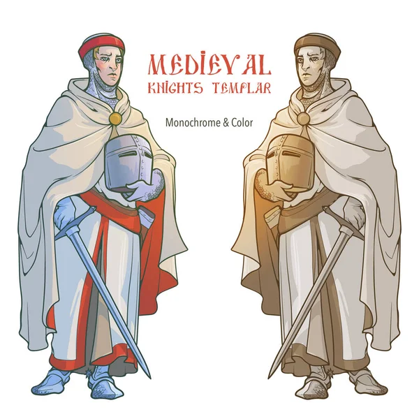 Medieval Templar Knight Outfit Chain Mail Armor Long Tunic Cloak — Stok Vektör