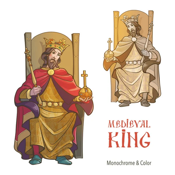 Rey Medieval Sentado Trono Sosteniendo Cetro Orbe Arte Conceptual Estilo — Vector de stock