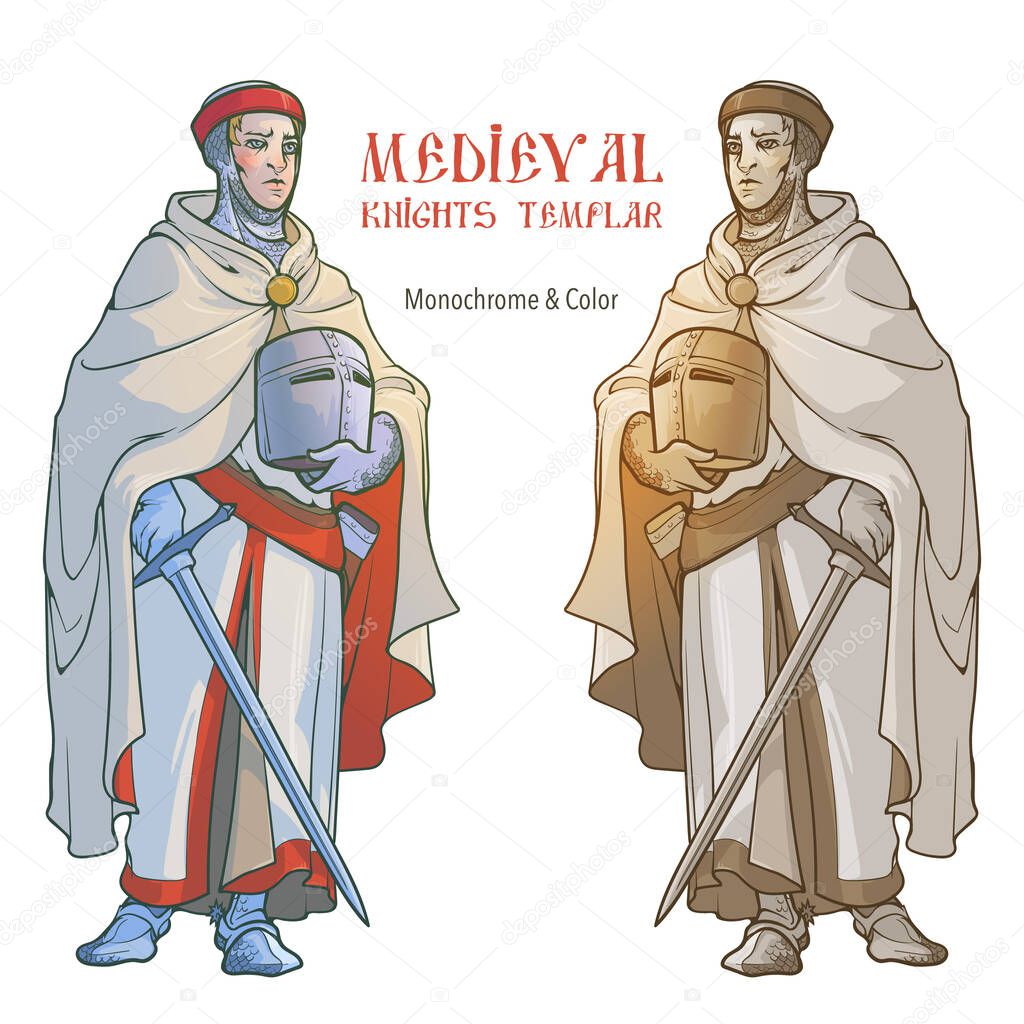 Medieval Templar knight. Outfit with a chain-mail armor long tunic and cloak. Medieval gothic style concept art. Color and monochrome drawing isolated on white background. EPS10 vector illustration