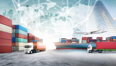 Küresel iş lojistik ihracat konsepti, konteynır kamyonu, limandaki gemi ve taşımacılık kargo uçağı, lojistik ağ dağıtımı, çevrimiçi mal siparişleri