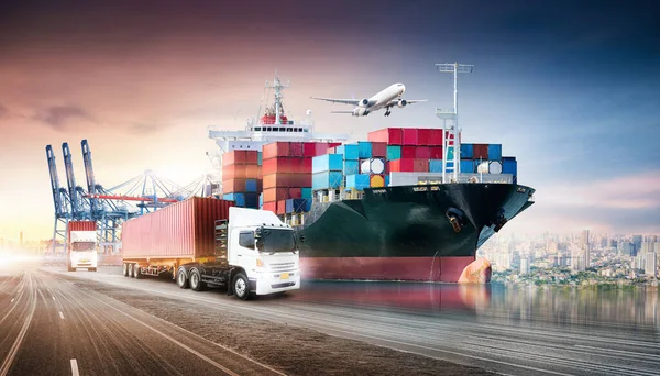 Logistica Aziendale Concetto Trasporto Container Cargo Nave Aereo Carico Nel — Foto Stock