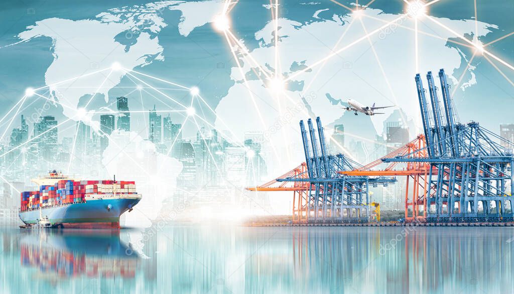 Global business logistics import export background of Container Cargo ship and Cargo plane with working crane bridge in seaport, transport concept