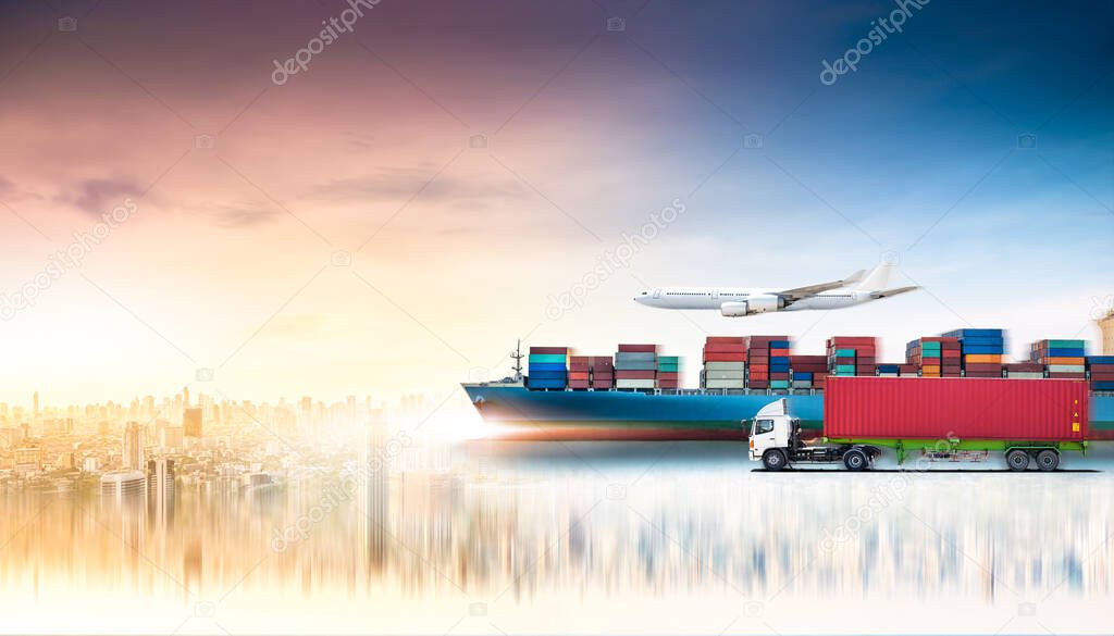 Business logistics and transportation concept of containers cargo freight ship and cargo plane in shipyard at dramatic blue sky, logistic import export and transport industry background