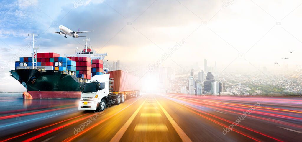 Global business logistics import export and container cargo freight ship, cargo plane, container truck on highway at city background with copy space, transportation industry concept