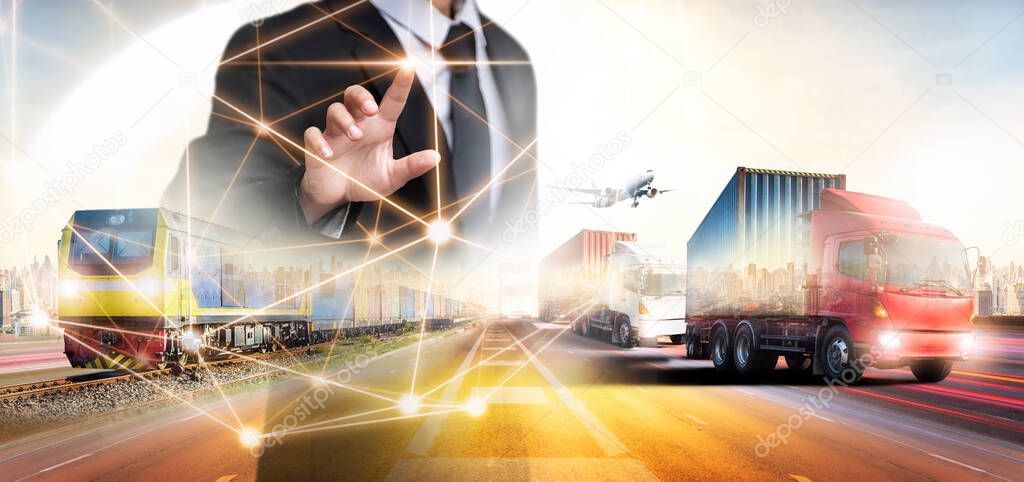 Global business logistics import export transportation concept, container truck, freight train, cargo airplane, shipping, network distribution, technology interface of partner connection worldwide