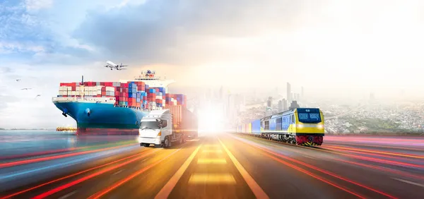 Wereldwijde Zakelijke Logistiek Import Export Container Vrachtschip Goederentrein Vrachtvliegtuig Container — Stockfoto