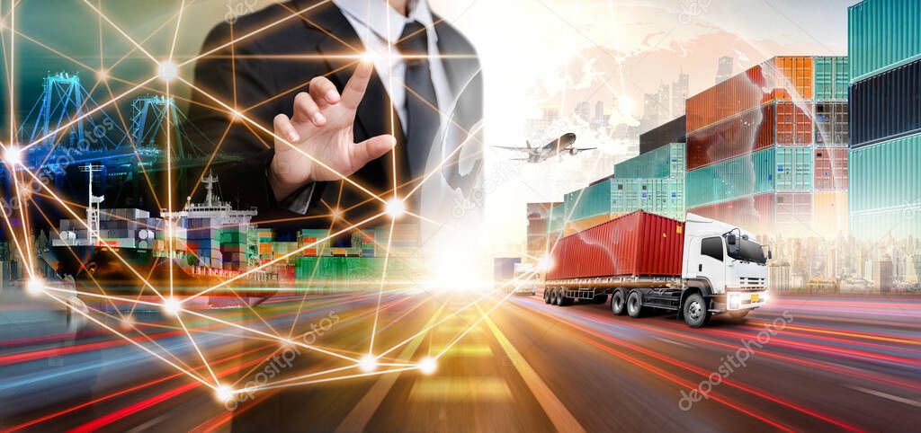 Global business logistics import export transportation concept, container cargo freight ship and truck, cargo plane, network distribution, technology interface of partner connection worldwide
