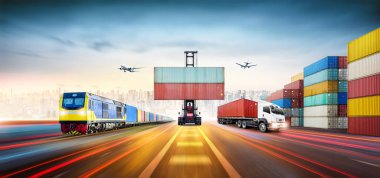 Küresel iş lojistik ihracat ve konteynır kargo treni, kargo uçağı, konteyner kamyonu şehrin arka planında fotokopi alanı, ulaşım endüstrisi konsepti