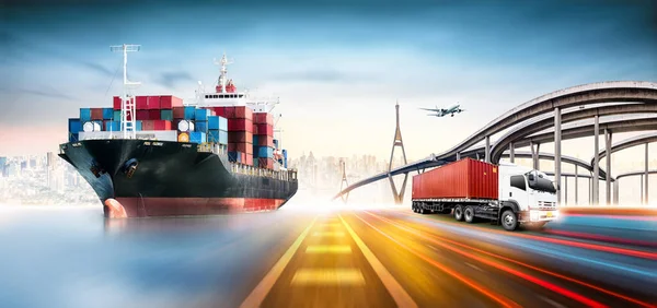 Wereldwijde Zakelijke Logistiek Import Export Container Vrachtschip Vrachtvliegtuig Container Vrachtwagen — Stockfoto