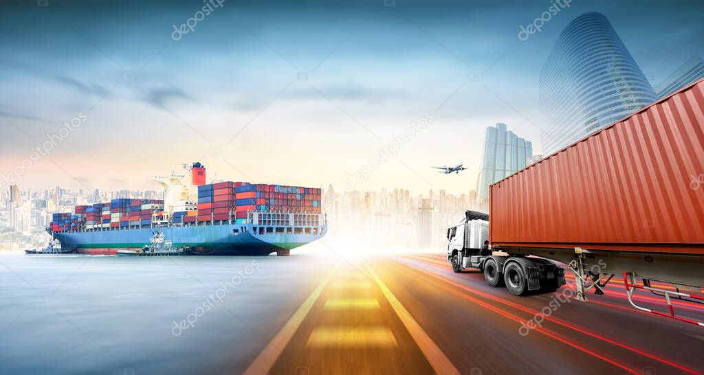 Global business logistics import export and container cargo freight ship, cargo plane, container truck on highway at city background with copy space, transportation industry concept