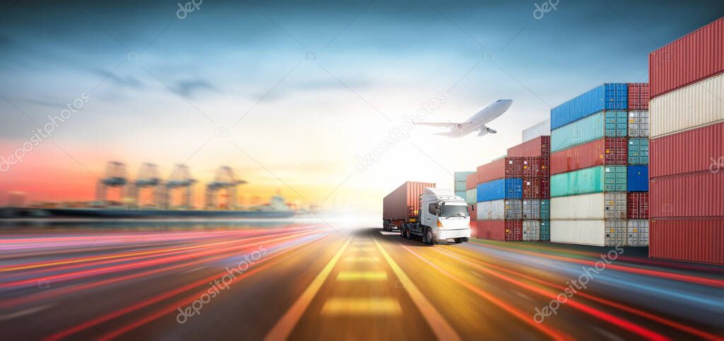 Global business logistics import export and container cargo freight ship loading at port by crane, container handlers, cargo airplane, truck on highway, transport industry concept, Depth blur effect