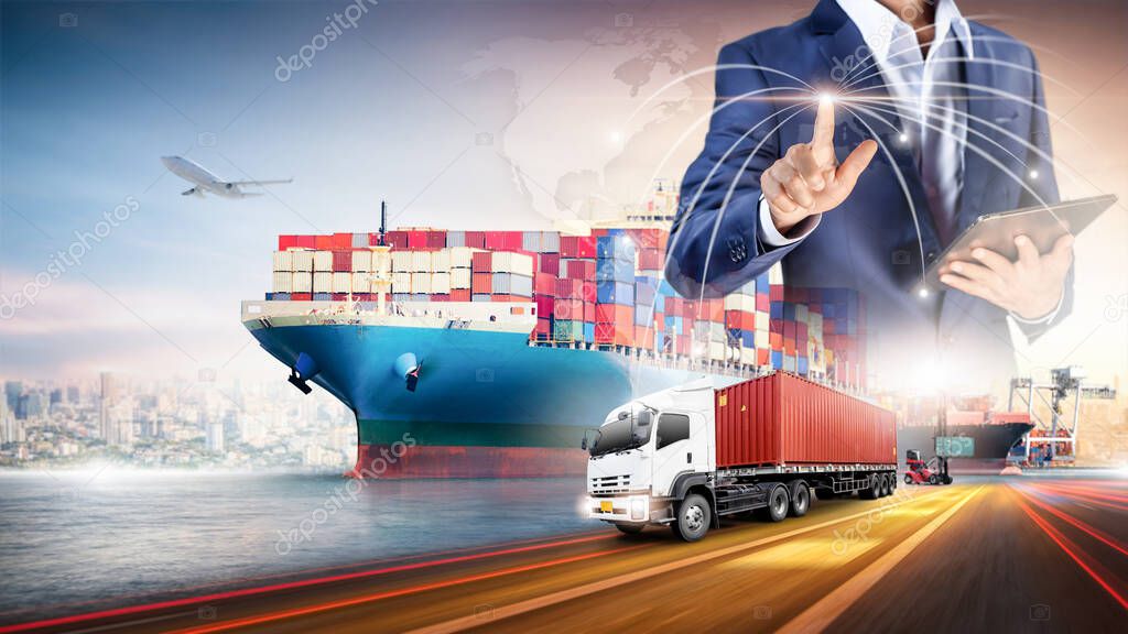 Businessman touching virtual screen world map of Global logistics network distribution, Container cargo freight ship at industrial port for logistics Import export background, Smart technology concept