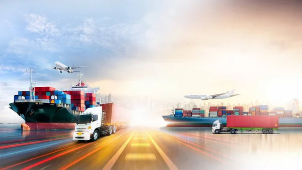 Παγκόσμια Επιχείρηση Logistics Εισαγωγής Εξαγωγής Και Φορτίου Εμπορευματοκιβωτίων Πλοίο Αεροπλάνο — Φωτογραφία Αρχείου