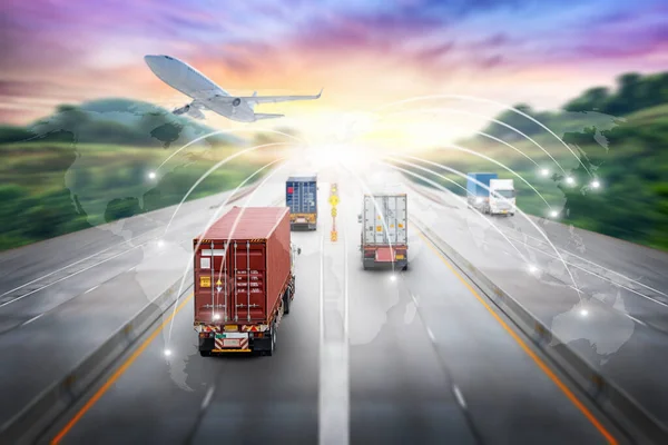 Vrachtwagen Vervoer Met Rode Container Snelweg Bij Zonsondergang Depth Blur — Stockfoto