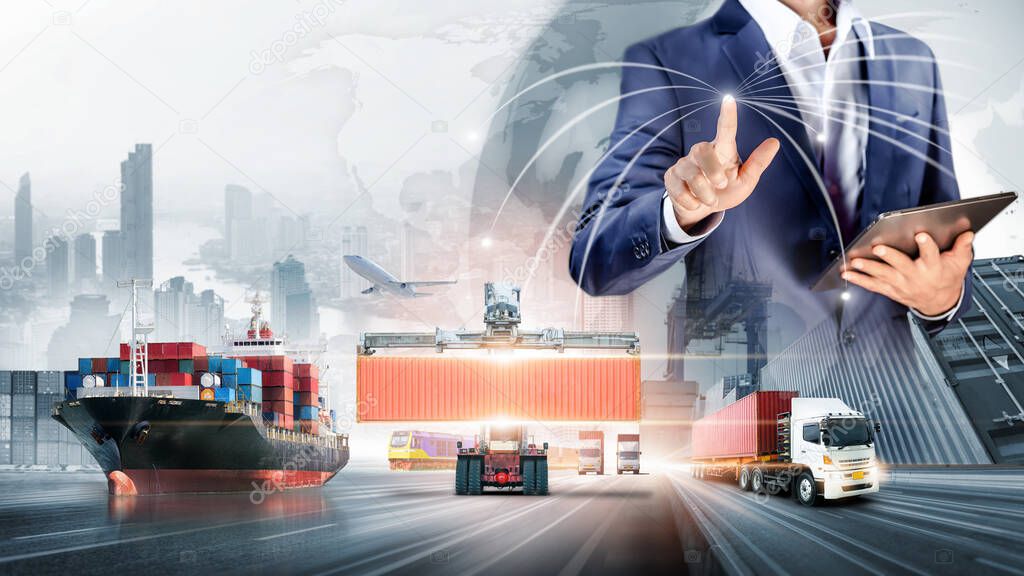 Businessman touching virtual screen world map of Global logistics network distribution, Container cargo freight ship at industrial port for logistics Import export background, Smart technology concept